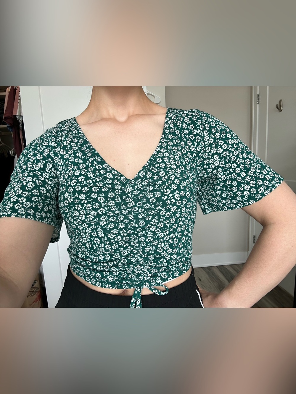 Women's Flirty Divided Green & White Cropped Blouse with Cape Sleeve & Tie-Front